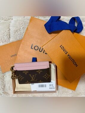 Louis Vuitton Brown Monogram Card Pouch with Pink Trim and Gold Charm-authentic